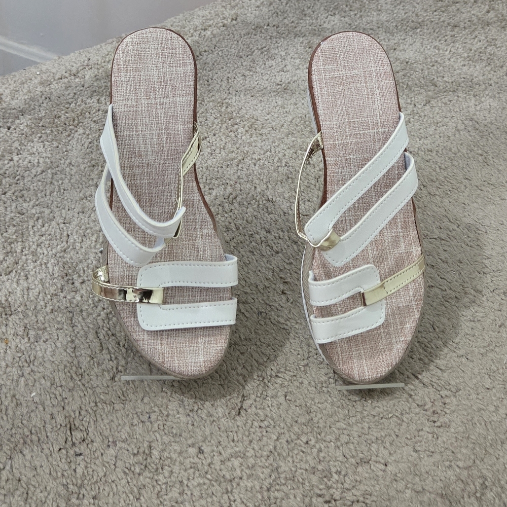 Women's White and Gold Sandals